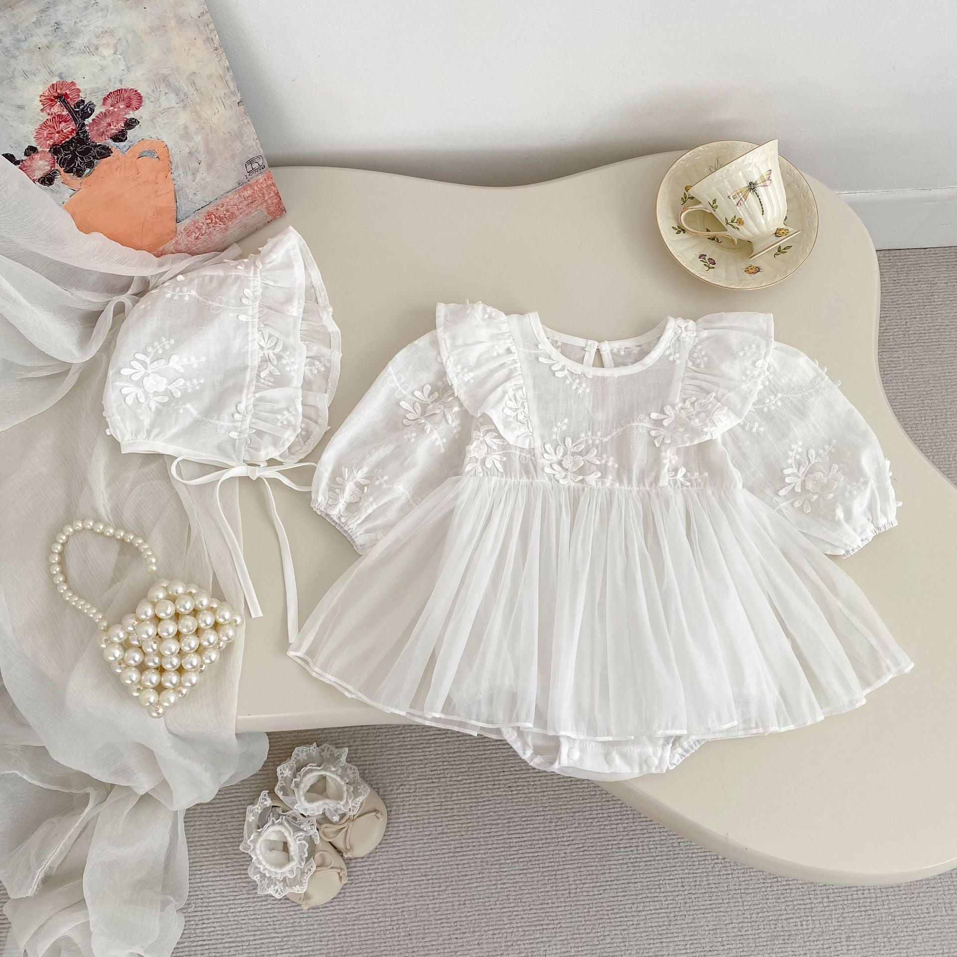 Baby Girls Solid Color Long Sleeves Flowers Pattern Tulle Onesies Dress, MyKids-USA®, Baby & Toddler Dresses, MyKids-USA - Size/Age - 66 (3-6M) - Color - White -  -  - TR2509102246-A