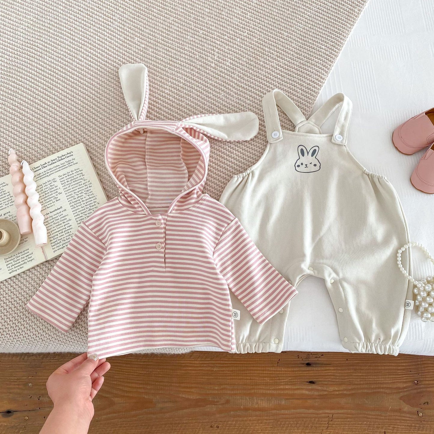 Baby Girls Overalls Romper&Pink Striped Rabbit Hood Top  Set