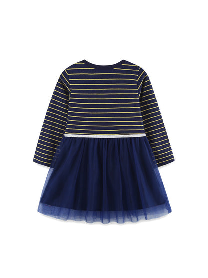 Autumn and Spring Arrival Striped Pattern Long Sleeves Tulle Patchwork Dress for Stylish Girls