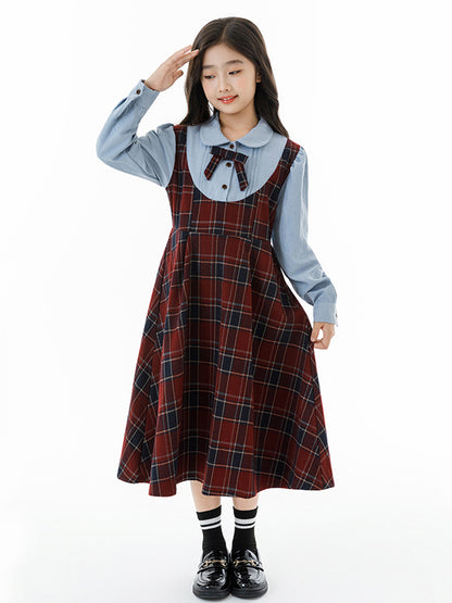 Autumn Arrival Long Sleeves Color Patchwork Preppy Plaid Pattern Dress for Stylish Girls