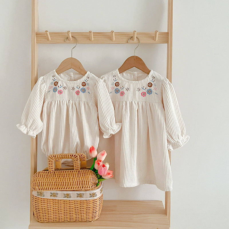 New Spring/Autumn Baby Onesies And Dress For Girls With Long Sleeves And Embroidered Flowers – Princess Sister Matching Set