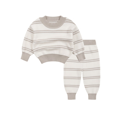 Unisex Baby And Kids Grey Striped Pullover Sweater And Pants Casual Home Clothing Set