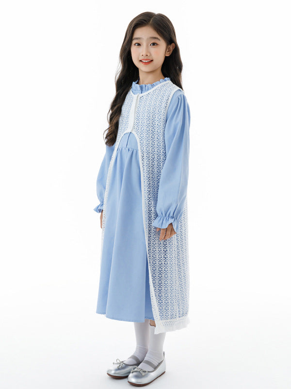 Arrival Autumn Kids Girls Long Sleeves Solid Color Blue Dress and Hollow-out Vest Clothing Set