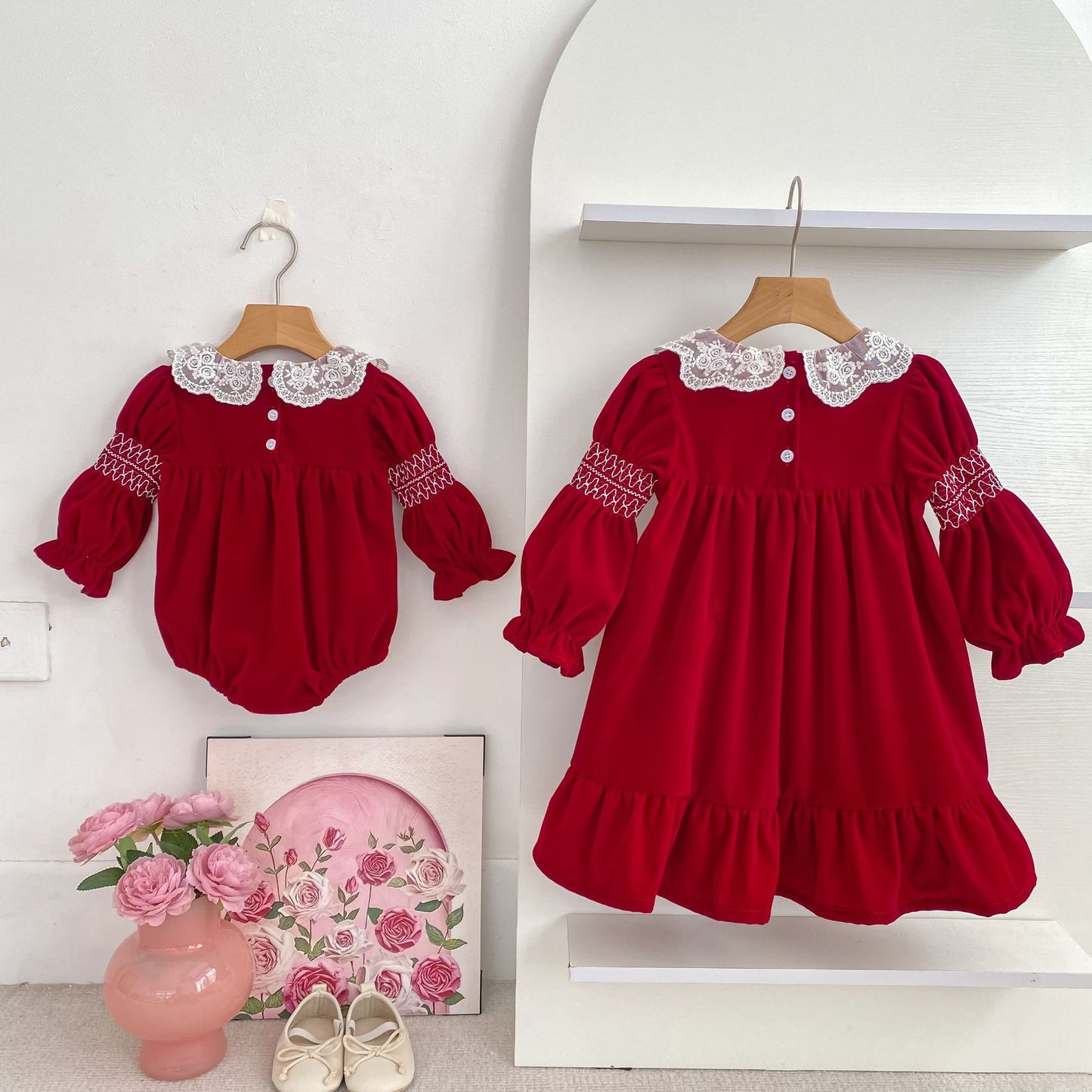 Autumn Baby Girls Lace Trim Collar Long-sleeved Bodysuit and Dress – Princess Sister Matching Set