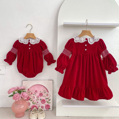 Autumn Baby Girls Lace Trim Collar Long-sleeved Bodysuit and Dress – Princess Sister Matching Set
