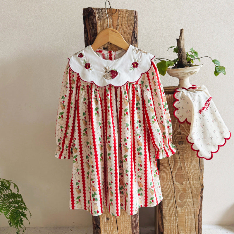 Autumn Arrival Baby Kids Girls Rabbits and Striped Pattern Long Sleeves Dress with Collar, MyKids-USA®, Baby & Toddler Dresses, MyKids-USA - Size/Age - 90 (12-24M) - Color - Red -  -  - TR2509122330-A