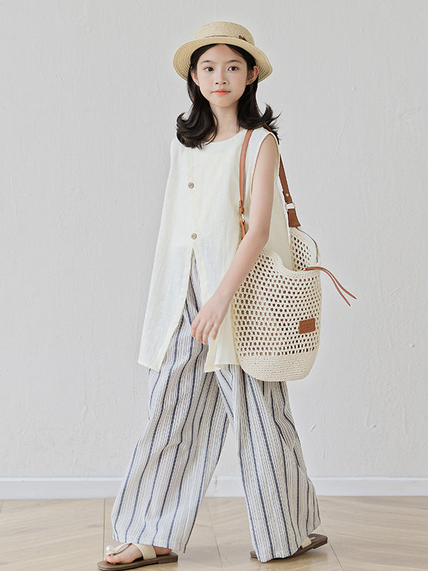 Arrival Summer Baby Kids Girls Sleeveless Plain Top and Striped Pants Sets