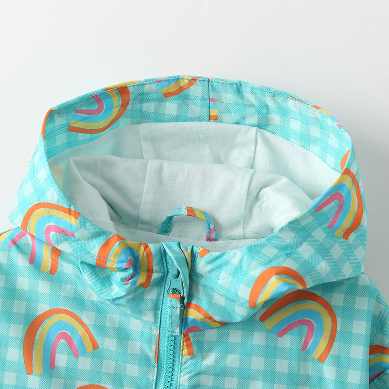 Arrival European and American Style Girls’ Hooded Zip-up Rainbows and Plaid Pattern Coat with Long Sleeves, MyKids-USA®, Rain Coats, MyKids-USA -  -  -  -  -  -  - 