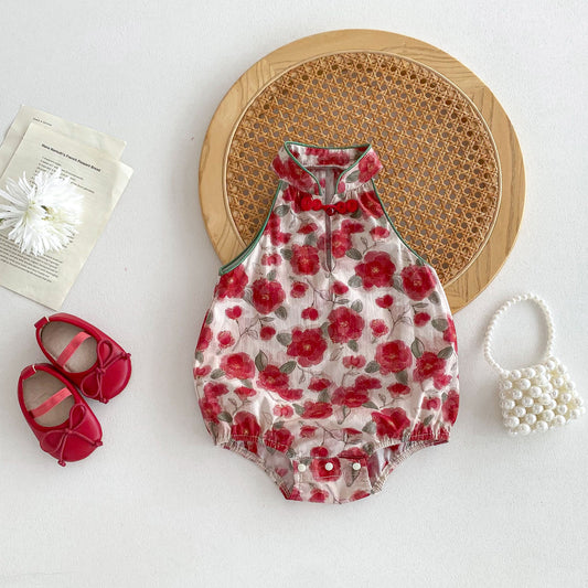 New Design Summer Baby Kids Girls Flowers Pattern Sleeveless Stand Collar Onesies