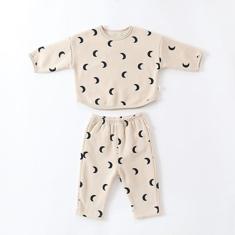 Unisex Baby Moon Print Round Collar Top Combo Long Pants In Sets