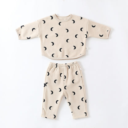 Unisex Baby Moon Print Round Collar Top Combo Long Pants In Sets