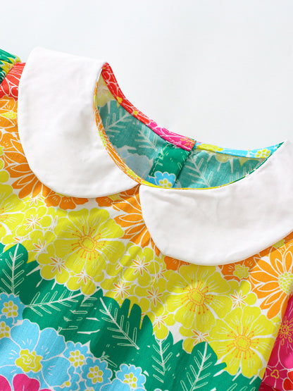 Summer Baby Kids Girls Short Sleeves Peter Pan Collar Colorful Flowers Print Dress