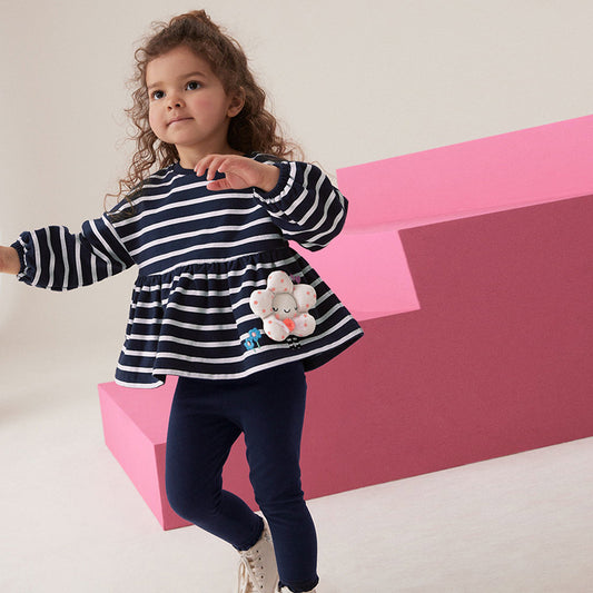 Spring and Autumn Girls Cartoon Flower Decorated Striped Pattern Long Sleeves Dress and Pants Clothing Set, MyKids-USA®, Baby & Toddler Outfits, MyKids-USA - Size/Age - 90 (12-24M) - Color - Navy Blue (Dark Blue) -  -  - TR2507112024-A