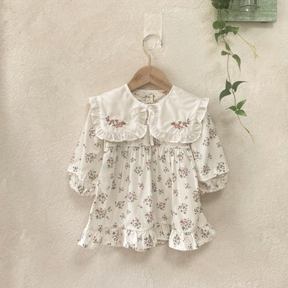 MyKids-USA® Autumn Baby Girls Floral Long-sleeved Onesies and Dress with Lace Capelet Shawl – Princess Sister Matching Set