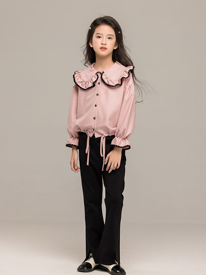Arrival Autumn Kids Girls Long Sleeves Pink Single Breasted Top and Black Flared Pants Sets