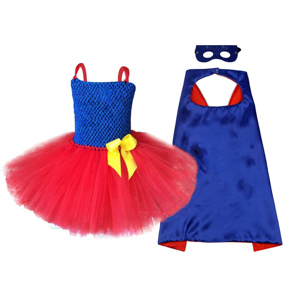 Halloween Superhero Costume Dress with Cape and Mask, MyKids-USA®, Costume Dresses, MyKids-USA - Size/Age - S (1-3Y) - Color - Blue -  -  - TR2508202219-B.