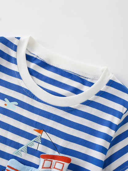Summer Boys’ Cartoon Pattern Striped T-shirt in European and American Style