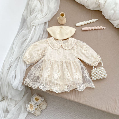 Arrival Baby Girls Long Sleeves Solid Color Floral Embroidered Tulle Bodysuits Dress, MyKids-USA®, Baby & Toddler Dresses, MyKids-USA - Size/Age - 66 (3-6M) - Color - Beige -  -  - TR2409031003-A