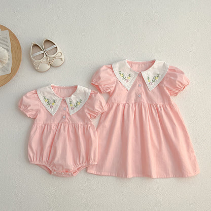 Summer Baby Kids Girls Flowers Embroidery Collar Onesies And Girls’ Dress – Princess Sister Matching Set