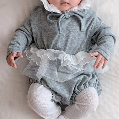 MyKids-USA® Autumn Arrival Baby Kids Girls Long Sleeves Solid Color Jacquard Lace Trim Bodysuit with Hat