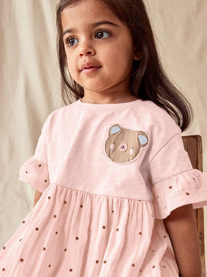 Summer Teddy Logo Short-sleeved Pink Dress with Dots Pattern for Stylish Girls, MyKids-USA®, Baby & Toddler Dresses, MyKids-USA -  -  -  -  -  -  - 