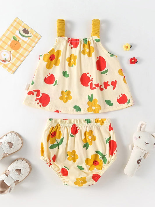 Summer Baby Kids Girls Floral Pattern Sleeveless Strap Top Dress And Bloomers Casual Clothing Set