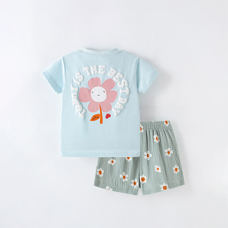 Summer Baby Kids Casual Flowers and Letters Cartoon Pattern T-shirt and Shorts Clothing Set for Girls, MyKids-USA®, Baby & Toddler Outfits, MyKids-USA -  -  -  -  -  -  - 