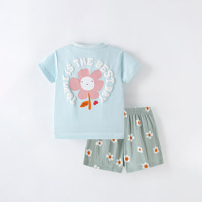 Summer Baby Kids Casual Flowers and Letters Cartoon Pattern T-shirt and Shorts Clothing Set for Girls, MyKids-USA®, Baby & Toddler Outfits, MyKids-USA -  -  -  -  -  -  - 
