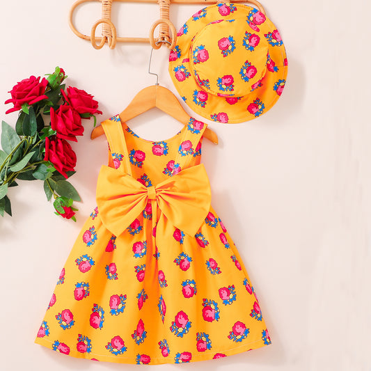 Design Summer Baby Kids Girls Sleeveless Flowers Pattern Dress with Hat