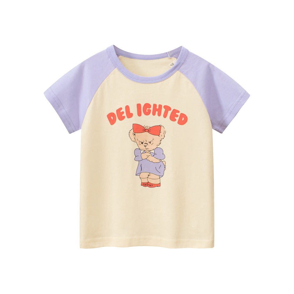 Angry Bear Printing Girls’ Patchwork T-Shirt For Summer