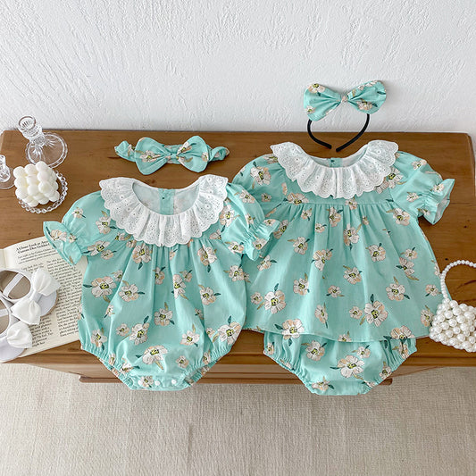 Summer Girls Flowers Pattern Short Sleeves Hollow Out Collar Onesies And Clothing Set – Sister Matching Clothing Set, MyKids-USA®, Baby & Toddler Outfits, MyKids-USA -  -  -  -  -  -  - 