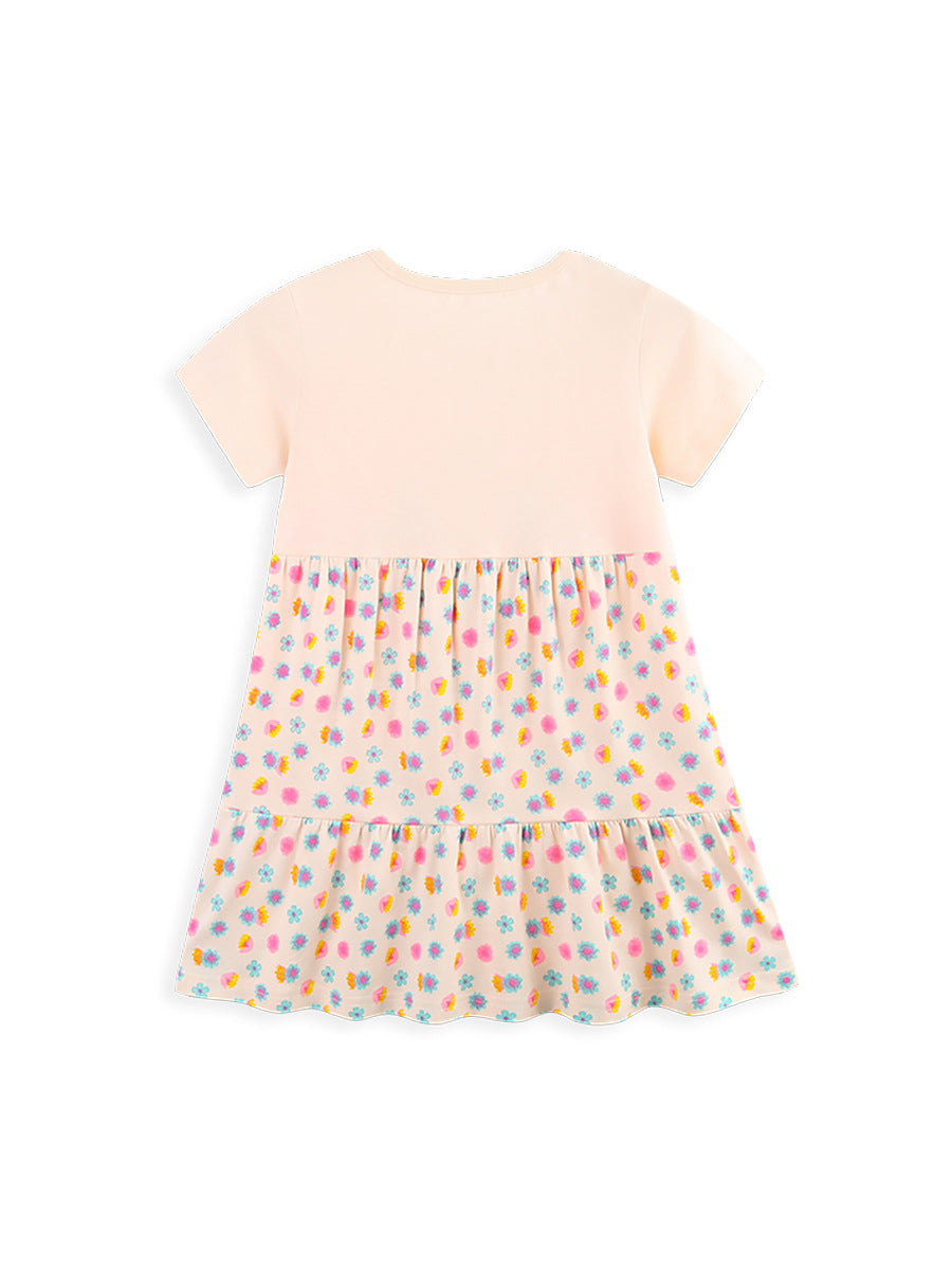 Summer Hot Selling Cute Birds Cartoon Pattern Short Sleeves Floral Dress