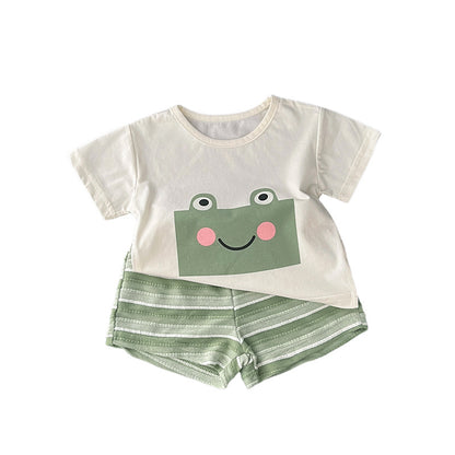 Summer Baby Kids Boys Cute Cartoon Frog Pattern T-Shirt And Striped Shorts Clothing Set