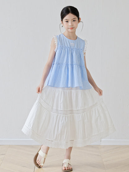 Arrival Summer Baby Kids Girls Sleeveless Plaid Vest and White Skirt