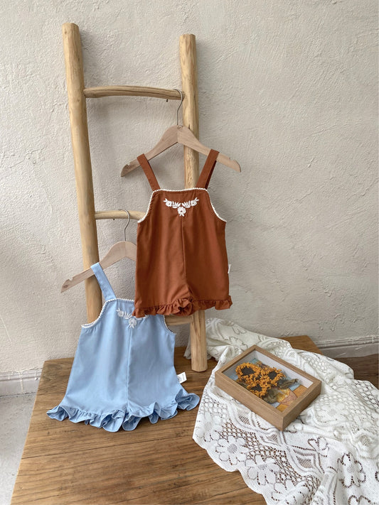 MyKids-USA® Baby Girls Sleeveless Embroidery Pattern Lace Trim Overalls