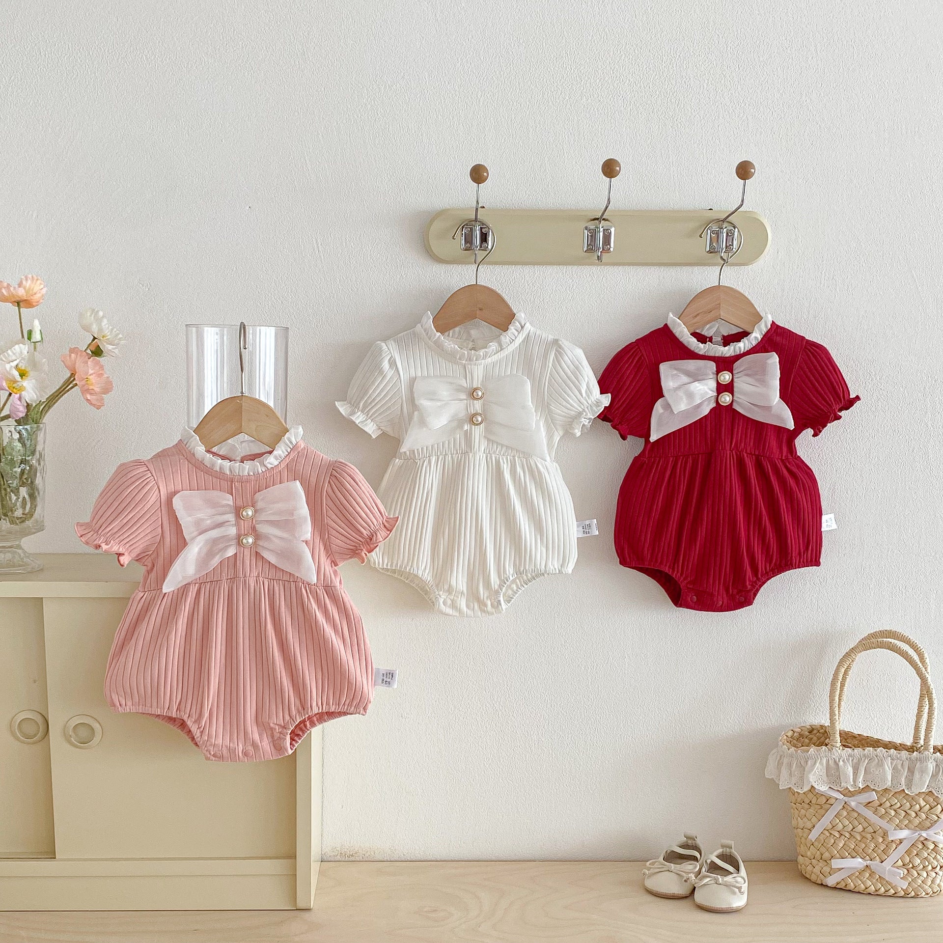 Summer Arrival Baby Girls Short Sleeves Ruffle Neck Color Patchwork Bodysuit, MyKids-USA®, Baby One-Pieces, MyKids-USA -  -  -  -  -  -  - .