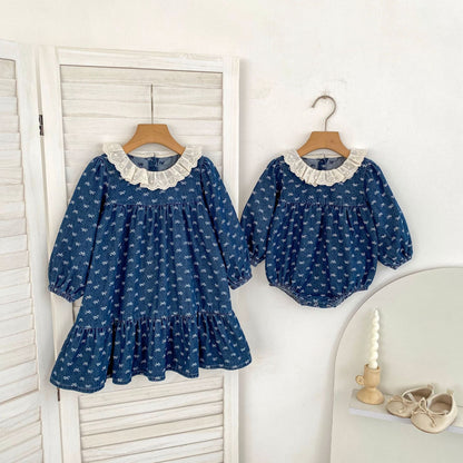 MyKids-USA® Autumn Baby Girls Denim Long-sleeved Onesies and Dress – Princess Sister Matching Set