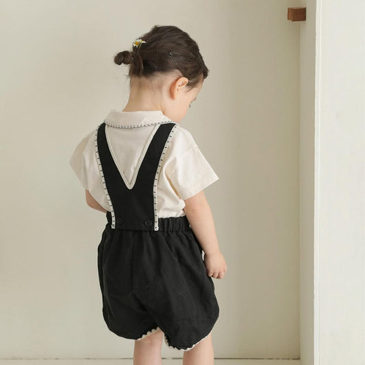 MyKids-USA® Baby Kids Short Sleeves Plain T-shirt and Black Overalls