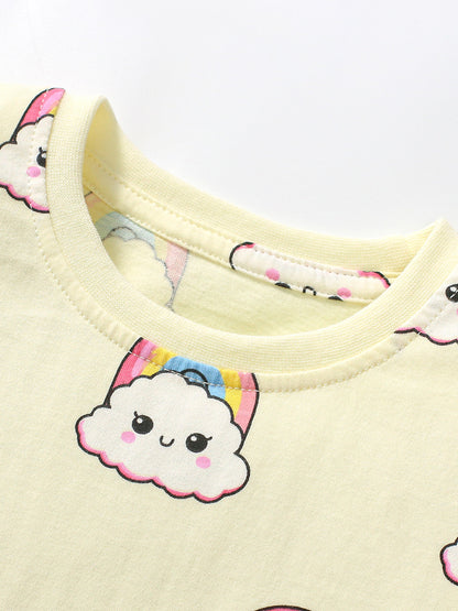 Round Neck Rainbow Clouds Cartoon Girls’ T-Shirt In European And American Style For Summer