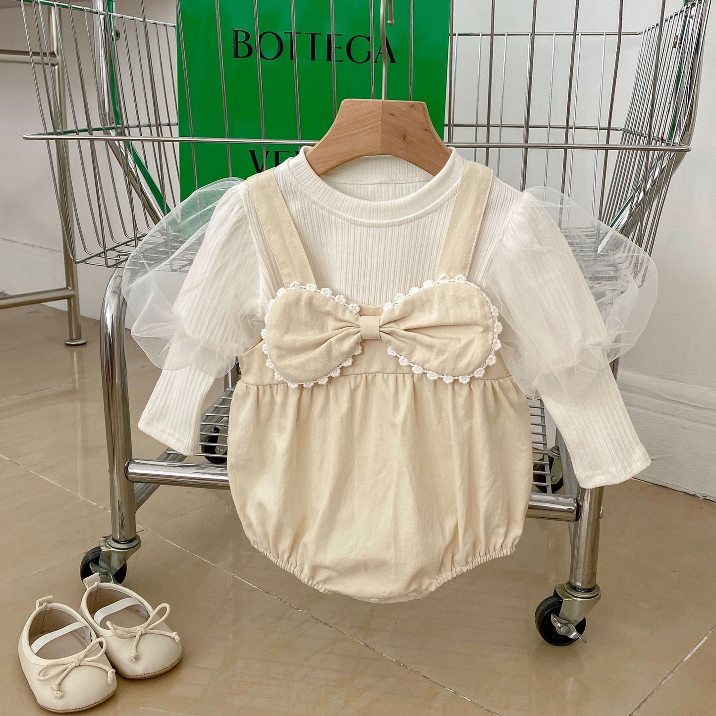 Sweet Style Solid Color Mesh Blouse & Onesie Sets
