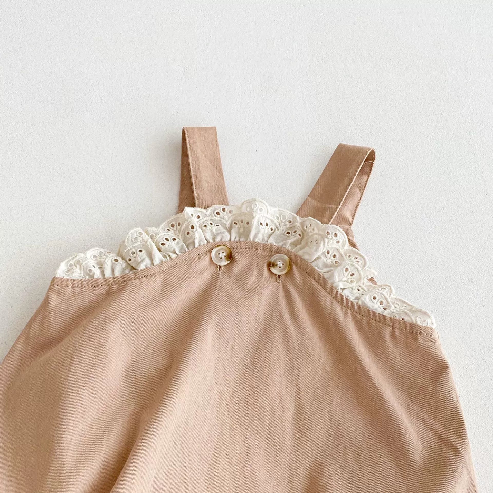 Summer Arrival Baby Girls Lace Decorated Sleeveless Khaki Strap Onesies, MyKids-USA®, Baby One-Pieces, MyKids-USA -  -  -  -  -  -  - 