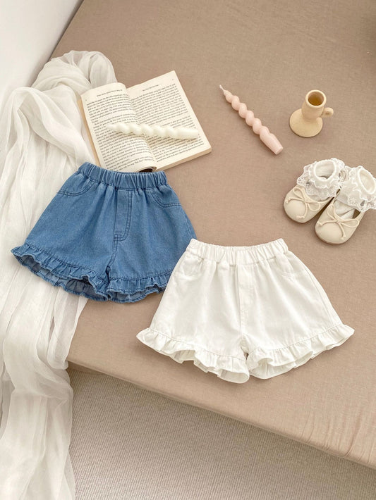 Summer Baby Girl Solid Color Ruffle Trim Denim Shorts
