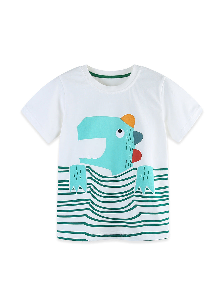Summer Boys’ Cartoon Pattern Striped T-shirt in European and American Style, MyKids-USA®, T-Shirts, MyKids-USA - Size/Age - 90 (12-24M) - Color - White -  -  - TR2605282327-A.