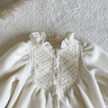 Autumn and Winter Arrival Baby Girls Long Sleeves Lace Pattern Fleece-Lined Rompers