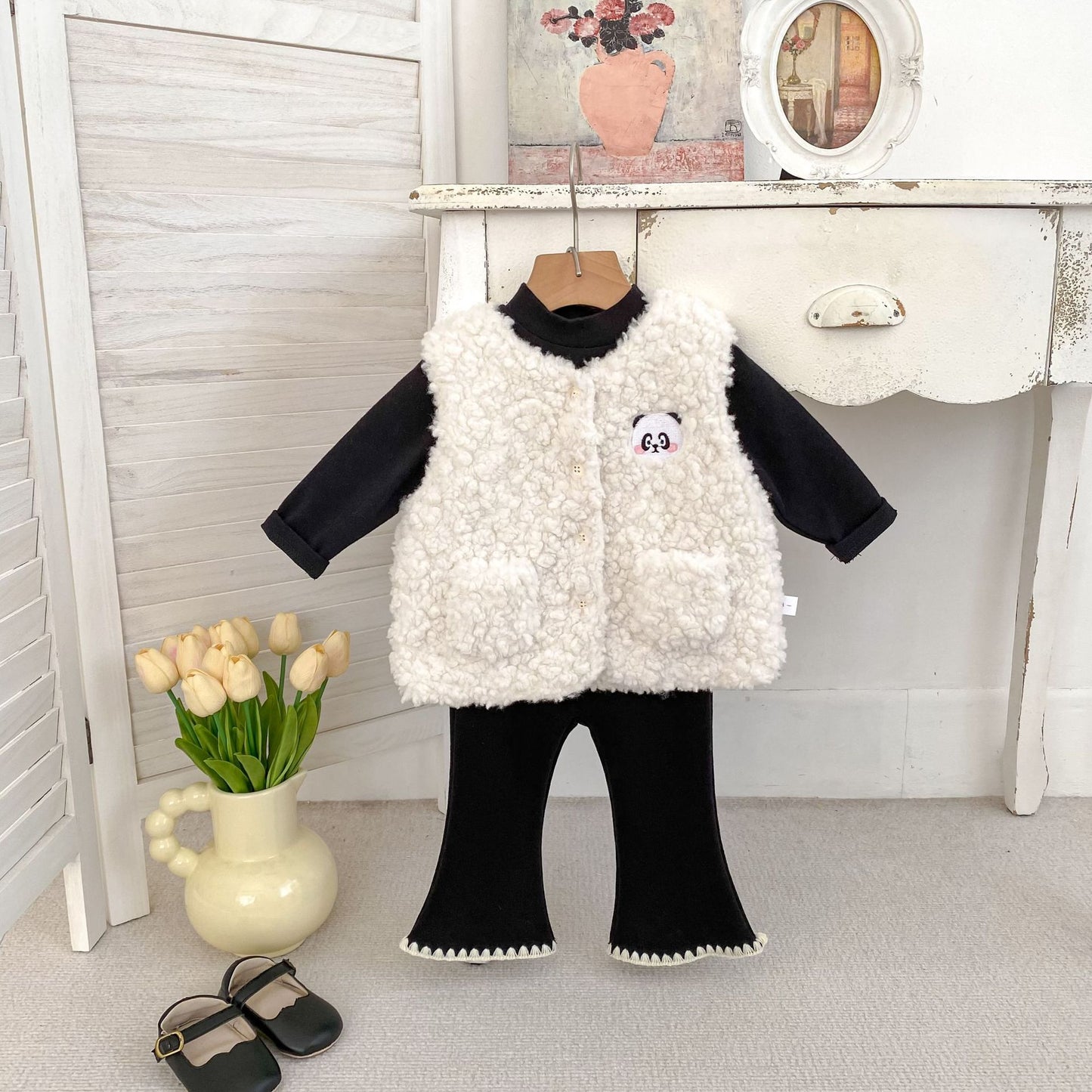 Winter and Autumn Baby Kids Girls Long Sleeves Solid Color Top, Flared Pants and Fluffy Sleeveless Vest Clothing Set, MyKids-USA®, Baby & Toddler Outfits, MyKids-USA - Size/Age - 73 (6-9M) - Color - Black -  -  - TR2511282342-A