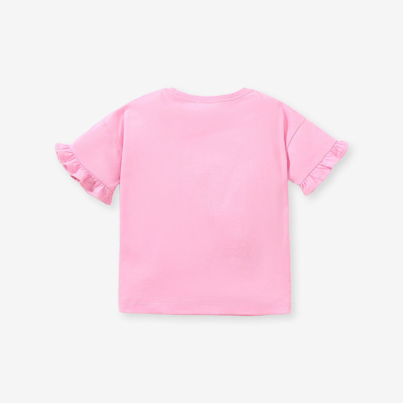Baby Girl Rabbit Cartoon Floral Ruffle Short Sleeve O-Neck Cotton Summer T-Shirt