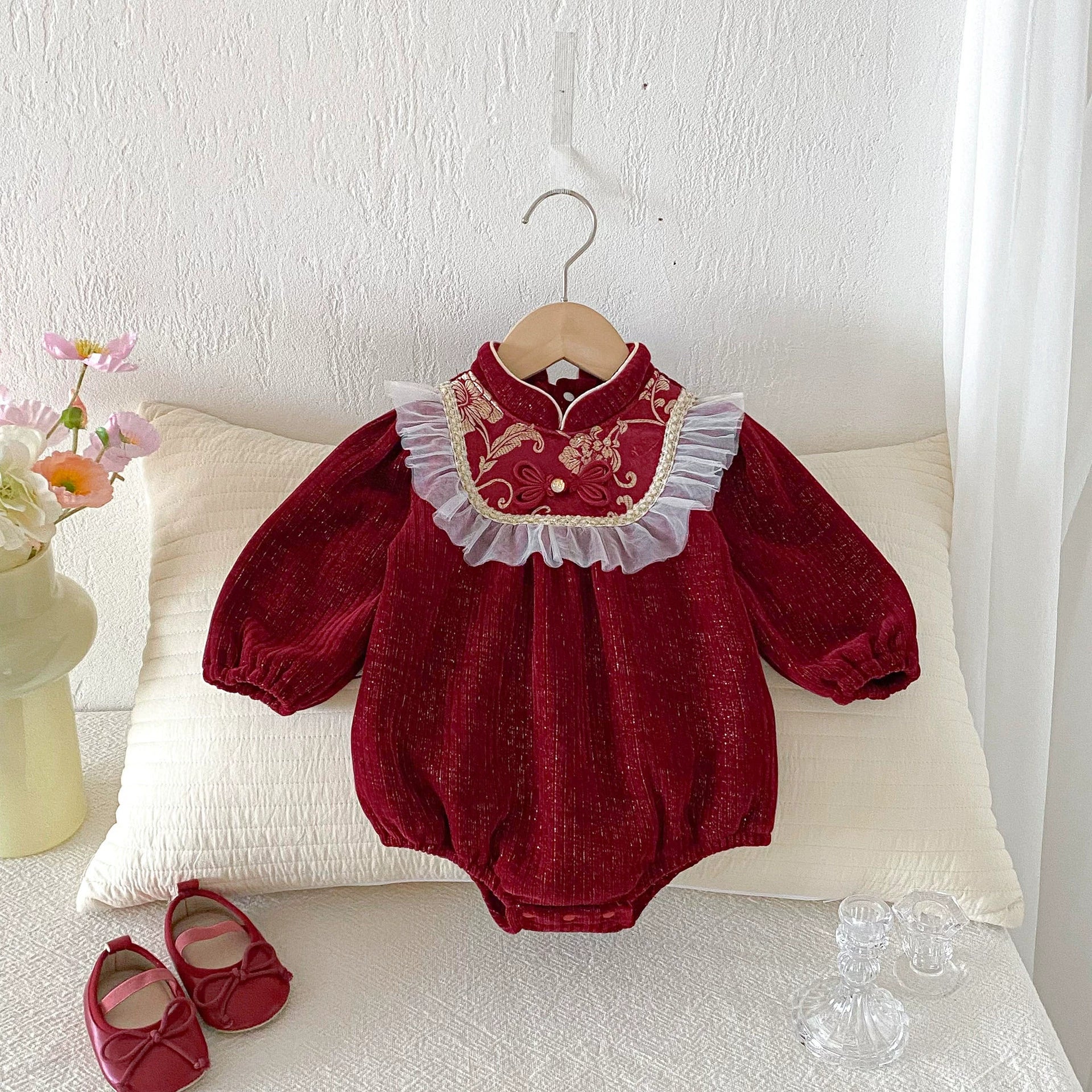 Autumn Arrival Baby Girls Long Sleeves Vintage Flowers Pattern Red Onesies, MyKids-USA®, Baby One-Pieces, MyKids-USA -  -  -  -  -  -  - 