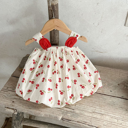 Summer Hot Selling Baby Girls Sleeveless Cherry Print Strap Top And Solid Color Bloomers  Clothing Set