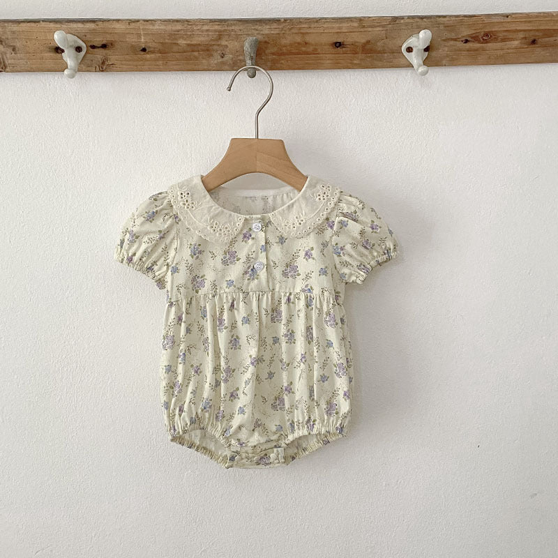Summer Arrival Baby Girls Vintage Short Sleeves Floral Pattern bodysuit with Hollow-out Collar, MyKids-USA®, Baby One-Pieces, MyKids-USA -  -  -  -  -  -  - .