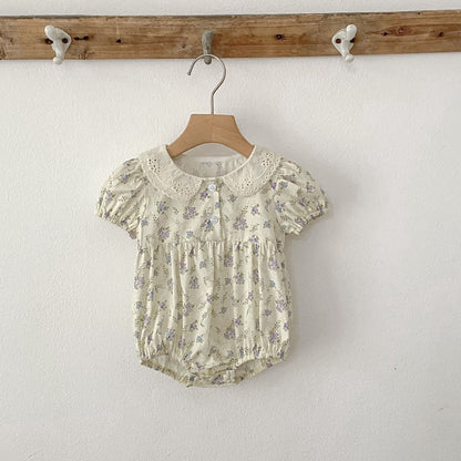 Summer Arrival Baby Girls Vintage Short Sleeves Floral Pattern bodysuit with Hollow-out Collar, MyKids-USA®, Baby One-Pieces, MyKids-USA -  -  -  -  -  -  - .